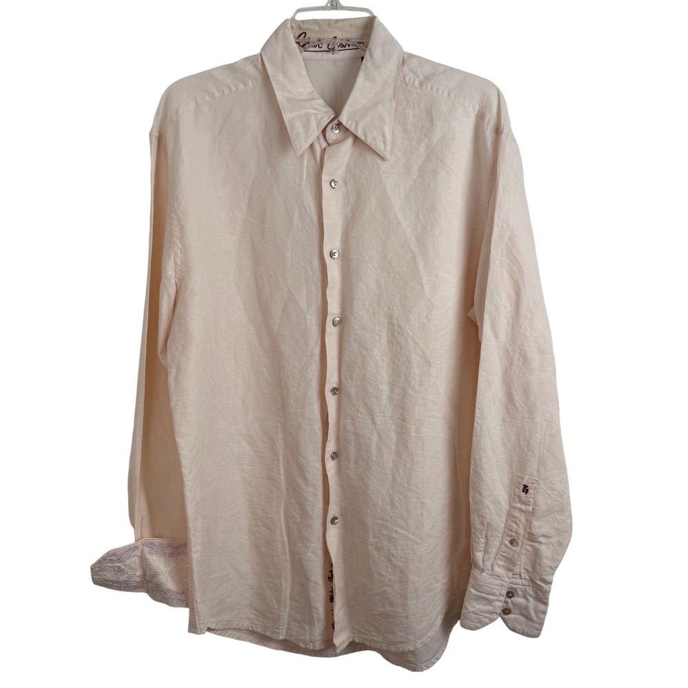 Robert Graham Linen Shirt L Peach Embroidered Cuff Floral Button Down
